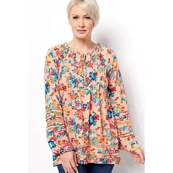 Tolani Collection Long Sleeve V-Neck Blouse Lace Detail Peach X-Large - Picture 1 of 1